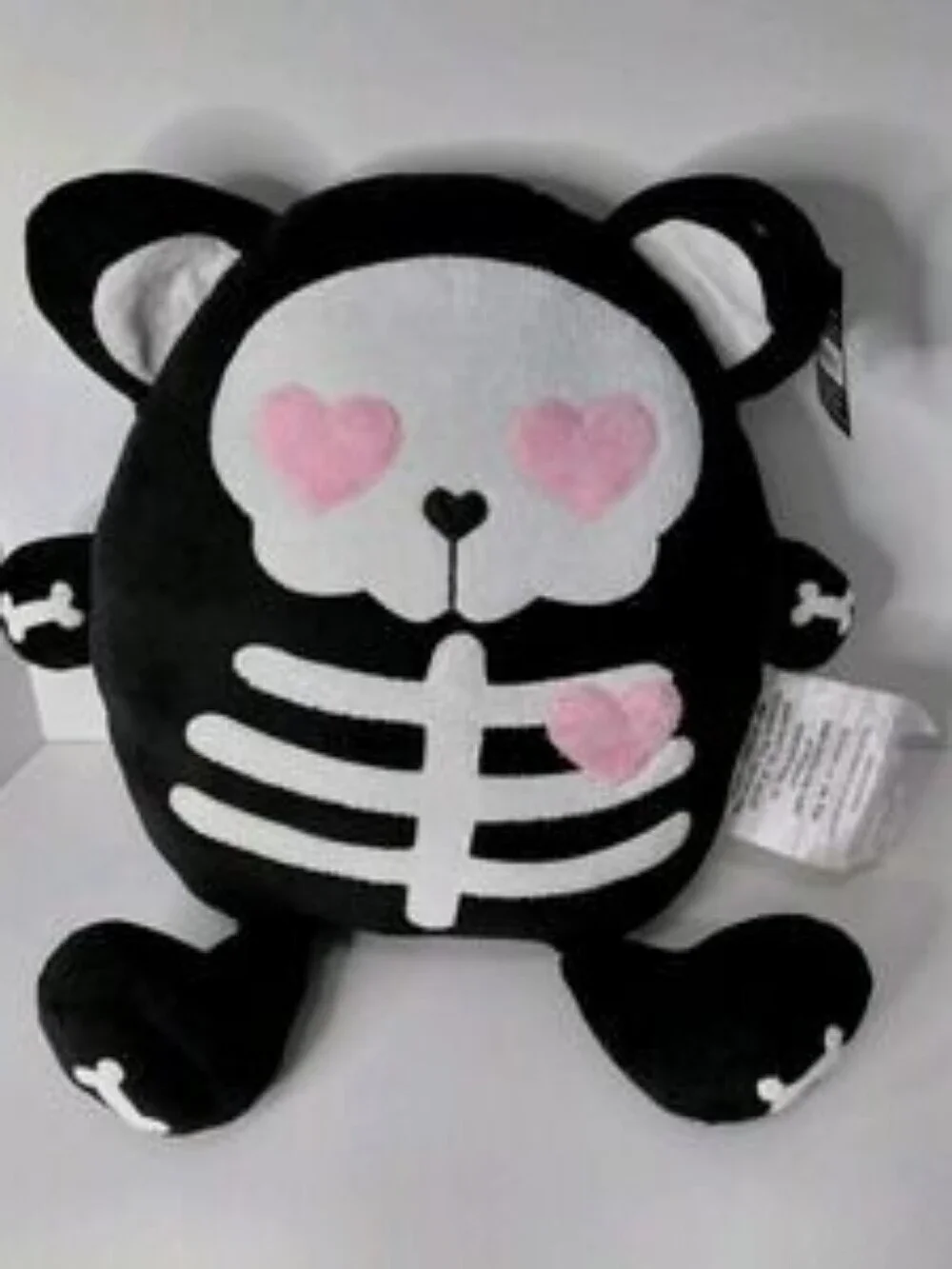 Black Skeleton Cat Plush Pillow with Pink Heart Details